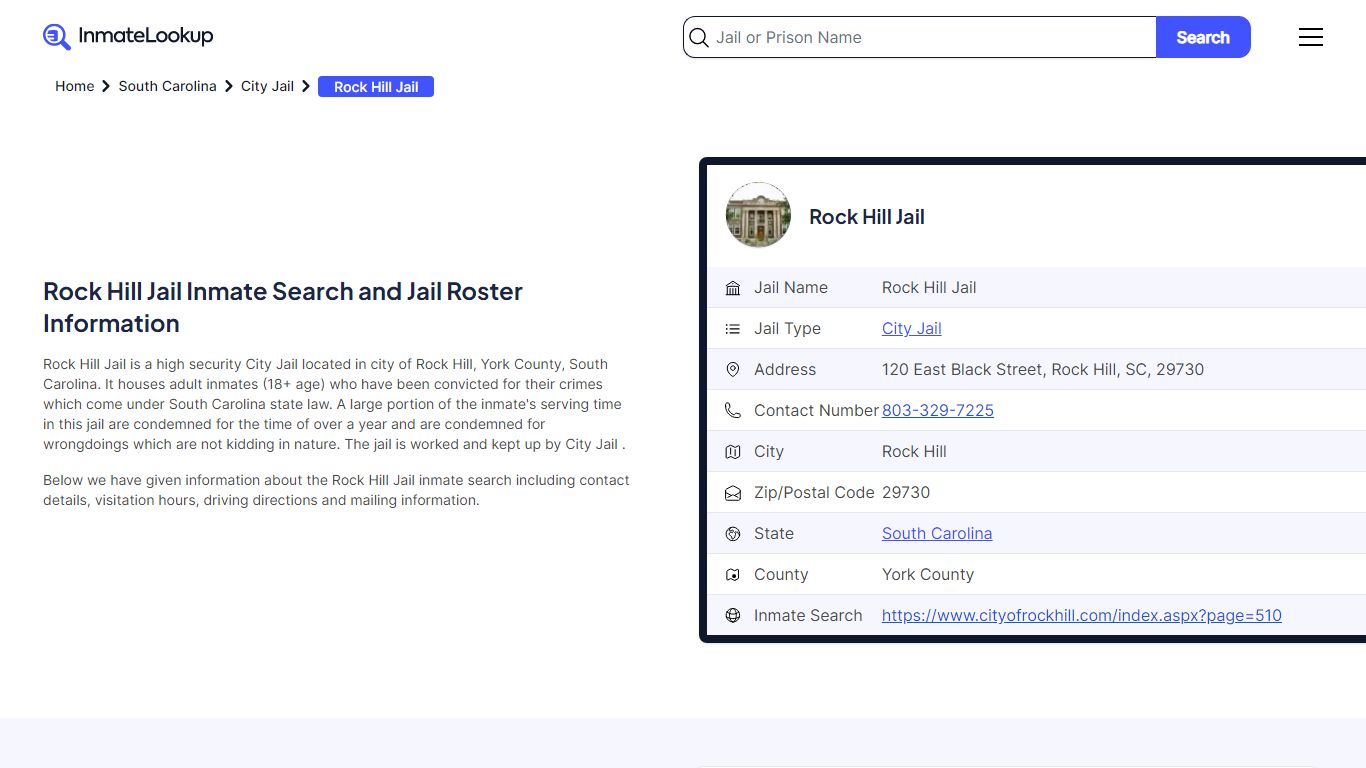 Rock Hill Jail Inmate Search and Jail Roster Information